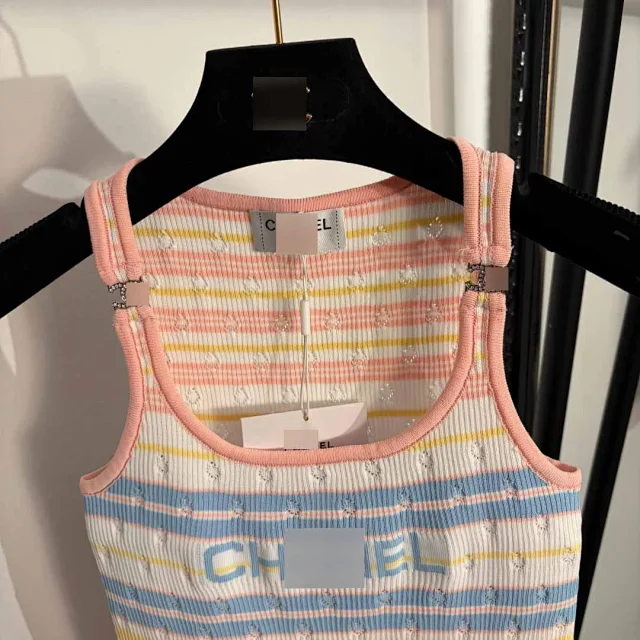 Chanel Knitwear Striped knit tank top with logo motifs product detail image 4
