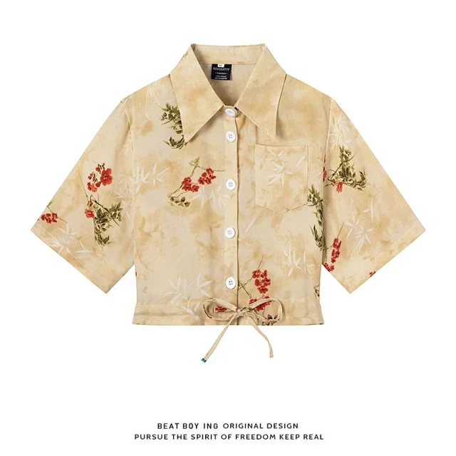 Unbranded Shirts Floral Print Short-Sleeve Drawstring-Hem Shirt product detail image 30