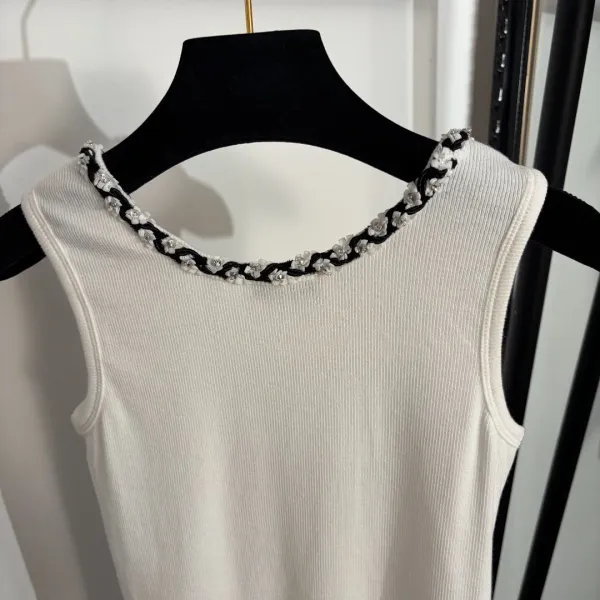 Chanel Embellished Ribbed Vest Top White - 7