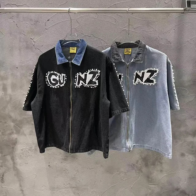Corteiz Matching Sets Denim zip shirt and shorts set with GUNZ patches pearl trim product detail image 2