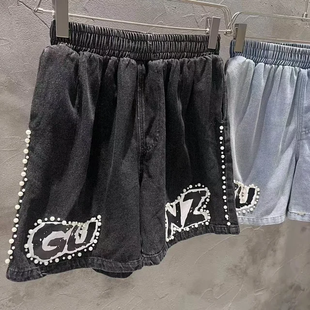 Corteiz Matching Sets Denim zip shirt and shorts set with GUNZ patches pearl trim product detail image 5