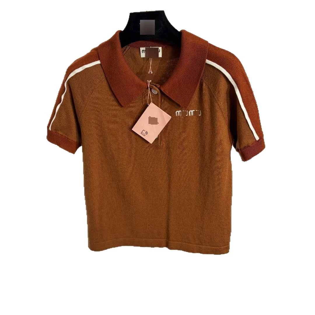 Miu Knitwear Short-Sleeve Knit Polo Top with Contrast Sleeve Stripes image 5