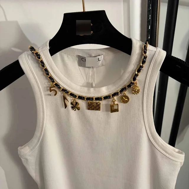 Unbranded Vests Ribbed sleeveless tank vest with chain charm neckline product detail image 4