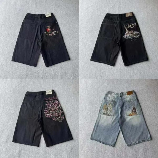 Design Embroidered Cherry Blossom Denim Shorts Black - 3