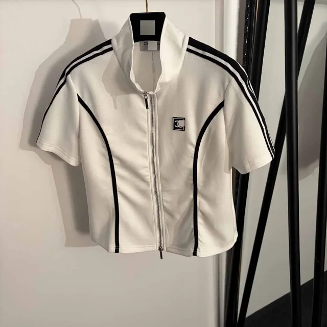Chanel Tracksuits Short-sleeve zip-up track jacket and straight-leg trousers with contrast stripes product detail image 3
