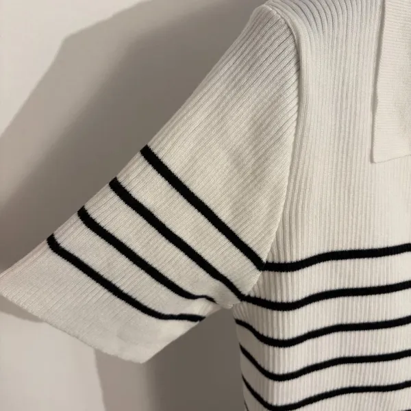 Dior Striped Ribbed Knit Polo White / Black Polo Shirt - 7
