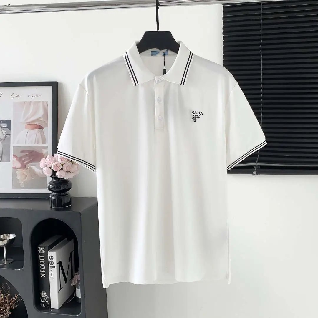 Prada Shirts Short-Sleeve Polo Shirt with Chest Triangle Logo — 16 Pujia Classic Logo Black Edge Inverted Triangle Embroidery