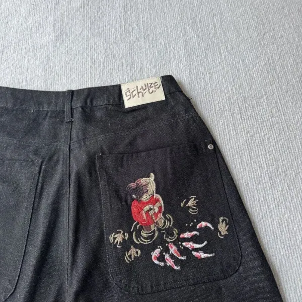 Design Embroidered Cherry Blossom Denim Shorts Black - 26