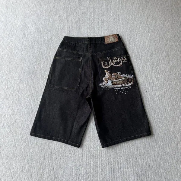 Design Embroidered Cherry Blossom Denim Shorts Black - 28