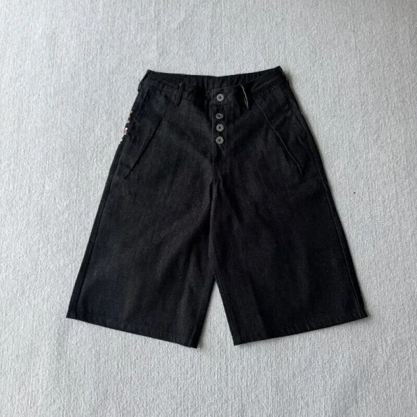 Design Embroidered Cherry Blossom Denim Shorts Black - 12