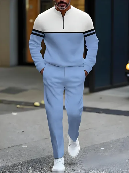 Design Colorblock Half-Zip Sweater White with Multicolor Sleeve Print and Navy Dress Pants - 12
