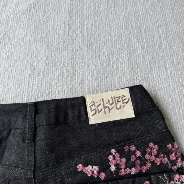 Design Embroidered Cherry Blossom Denim Shorts Black - 19