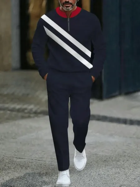 Design Colorblock Half-Zip Sweater White with Multicolor Sleeve Print and Navy Dress Pants - 15