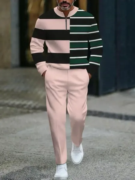 Design Colorblock Half-Zip Sweater White with Multicolor Sleeve Print and Navy Dress Pants - 23