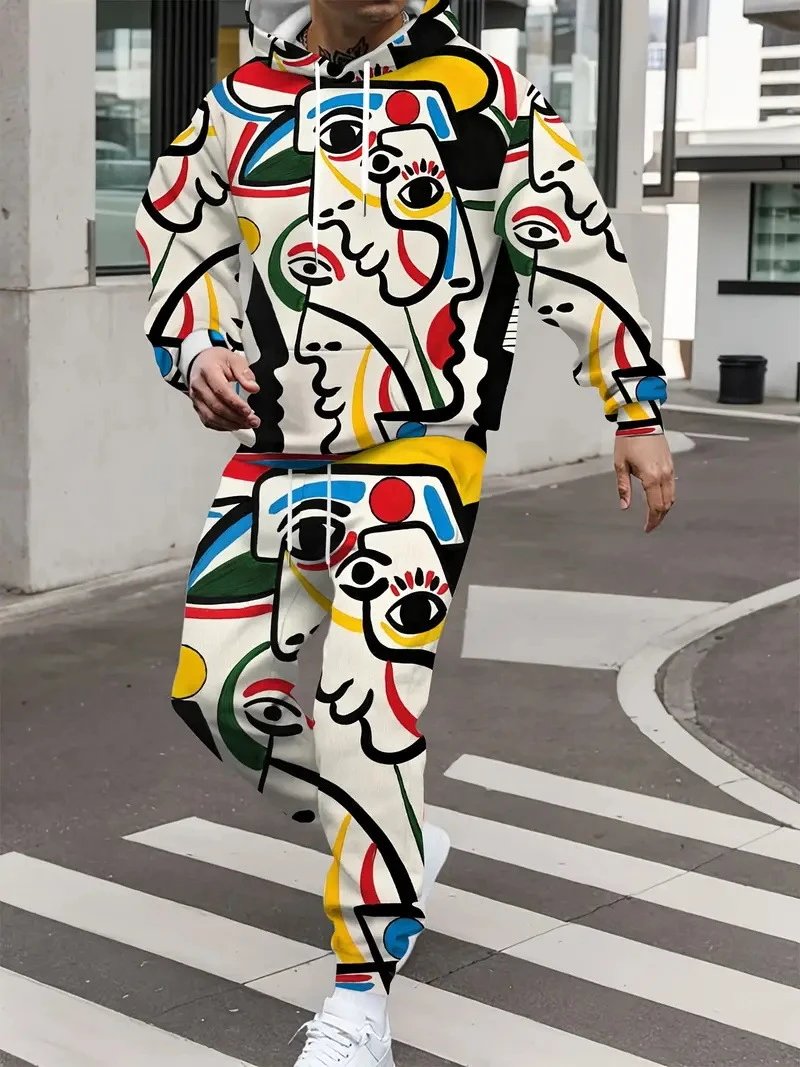 Design Abstract Face Print Hoodie and Sweatpants Set Multicolor Tracksuit - 12