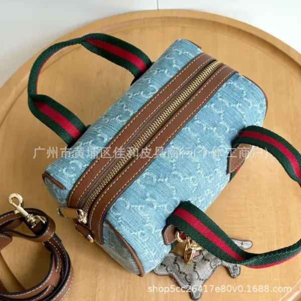 Gucci Boston Bag Blue Denim with Web Stripe Handle Handbags - 8