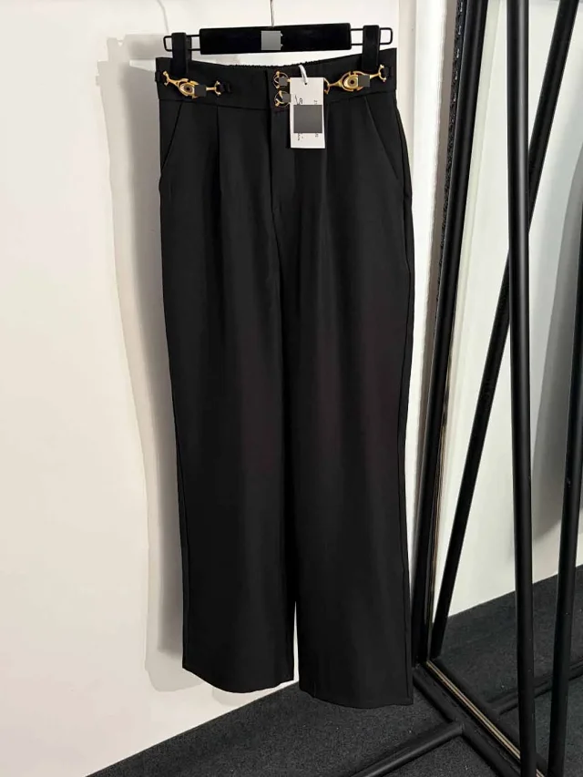 Unbranded Trousers High-Waisted Straight-Leg with Gold-Tone Waist Hardware product detail image 2