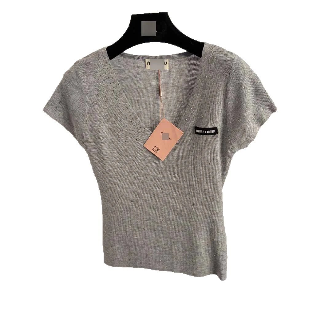 Unbranded Knitwear Rhinestone V-Neck Short-Sleeve Knit Top image 5