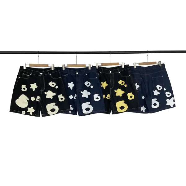 Design Denim Shorts with Silver Numeric and Star Print - 3