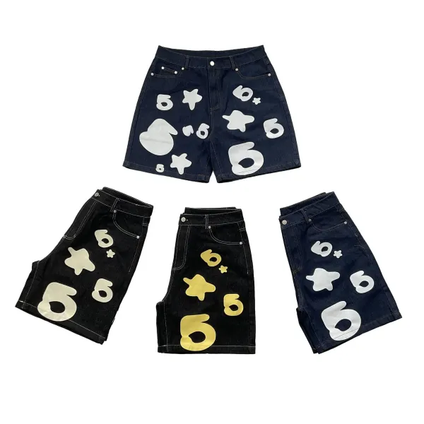 Design Denim Shorts with Silver Numeric and Star Print - 5