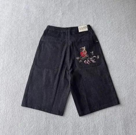 Design Embroidered Cherry Blossom Denim Shorts Black - 21