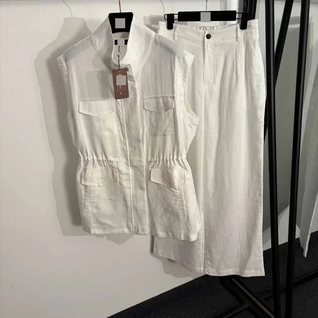 Unbranded Matching Sets Linen utility vest and wide-leg trouser set with four flap pockets drawstring waist product detail image 2