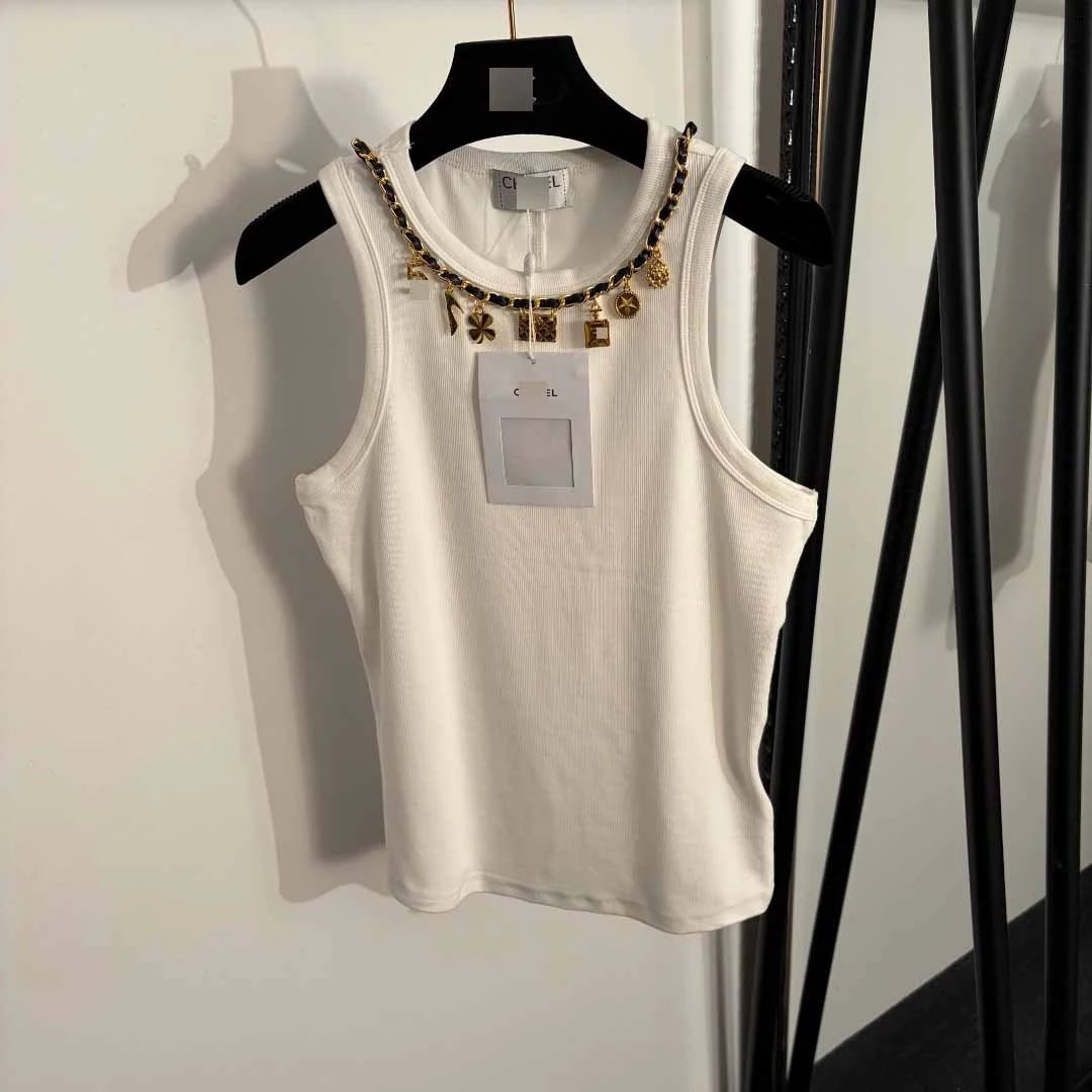 Unbranded Vests Ribbed sleeveless tank vest with chain charm neckline image 2