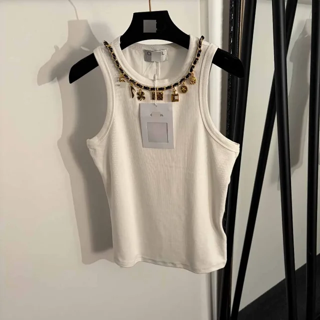 Unbranded Vests Ribbed sleeveless tank vest with chain charm neckline product detail image 2
