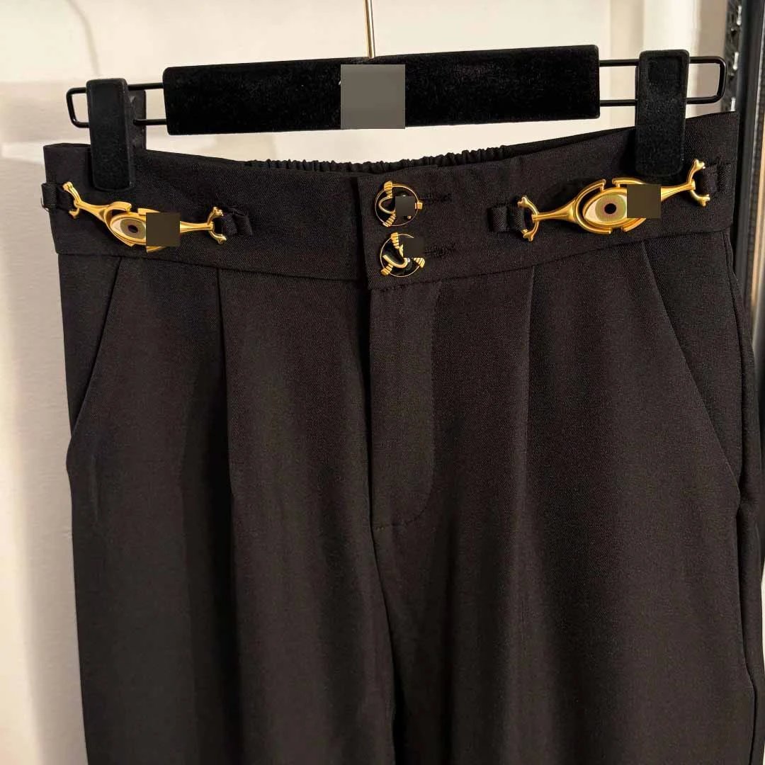 Design Wide-Leg Pants with Gold Horsebit Buckles Brown Dress-Pants - 6