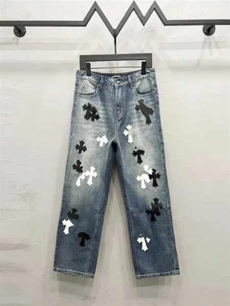 Design Snowflake Patchwork Wide-Leg Jeans Blue - 13