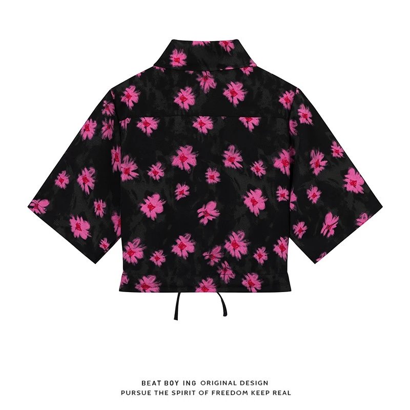 Design Beat Boy Ing Floral Print Cropped Shirt White Tops Shirt - 20