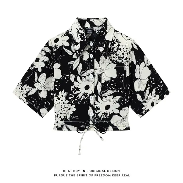 Design Beat Boy Ing Floral Print Cropped Shirt Beige Tops Shirt - 26