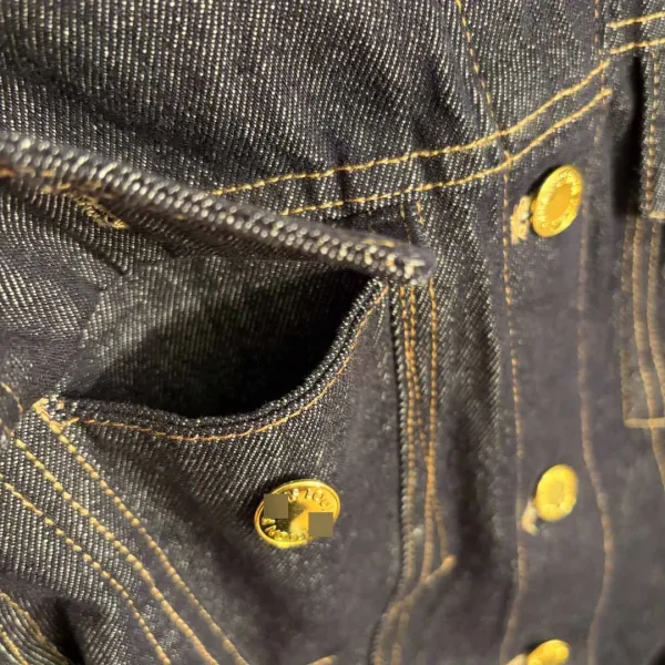 Design Raw Denim Jeans with Contrasting Orange Pocket Accents and Leather Waistband - 11