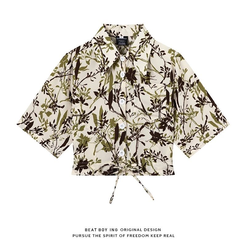 Design Beat Boy Ing Floral Print Cropped Shirt White Tops Shirt - 27