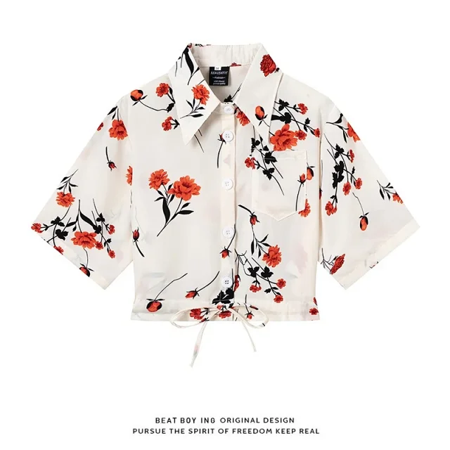 Unbranded Shirts Floral Print Short-Sleeve Drawstring-Hem Shirt product detail image 27