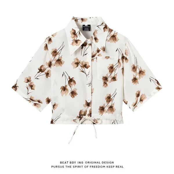 Design Beat Boy Ing Floral Print Cropped Shirt Beige Tops Shirt - 35