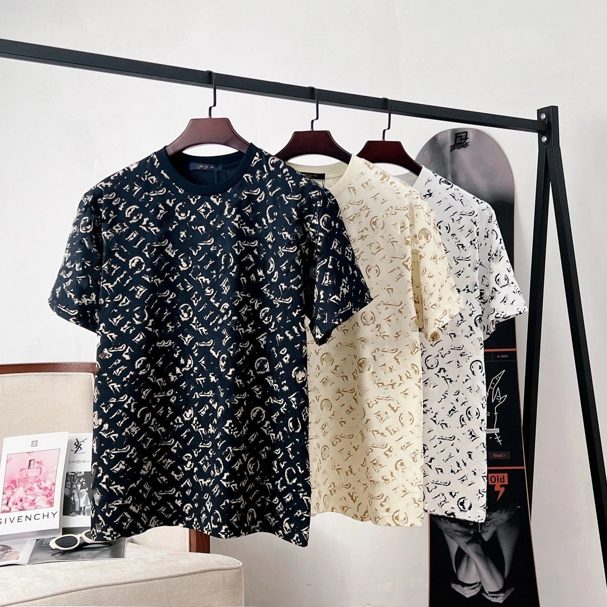 Printed Cotton T-Shirt Navy White Beige Casual Style