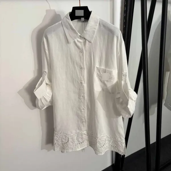 Design Linen Embroidered Shirt and Drawstring Pants Set Light Blue - 5