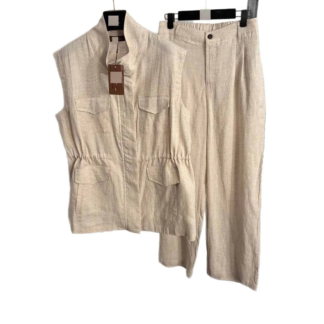 Unbranded Matching Sets Linen utility vest and wide-leg trouser set with four flap pockets drawstring waist image 5