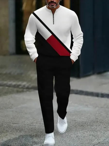 Design Colorblock Half-Zip Sweater White with Multicolor Sleeve Print and Navy Dress Pants - 8