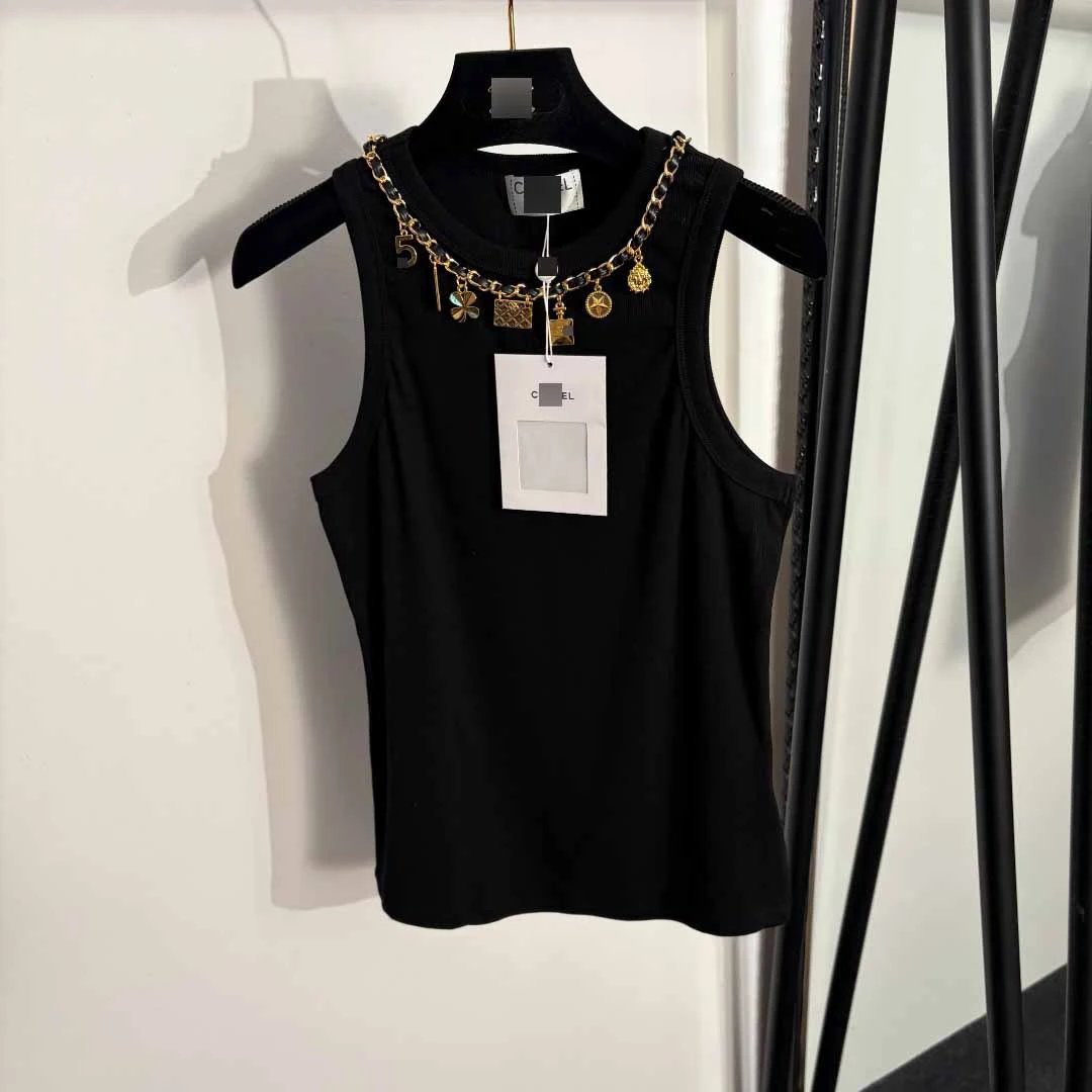 Unbranded Vests Ribbed sleeveless tank vest with chain charm neckline image 3