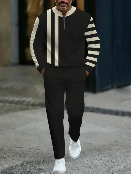 Design Colorblock Half-Zip Sweater White with Multicolor Sleeve Print and Navy Dress Pants - 20