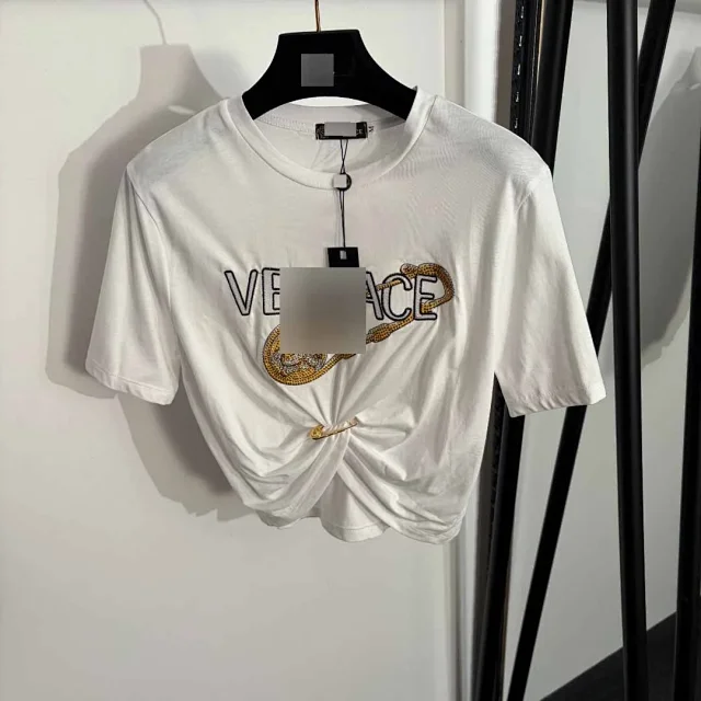 Versace T-Shirts Medusa rhinestone logo twist-front T-shirt product detail image 2