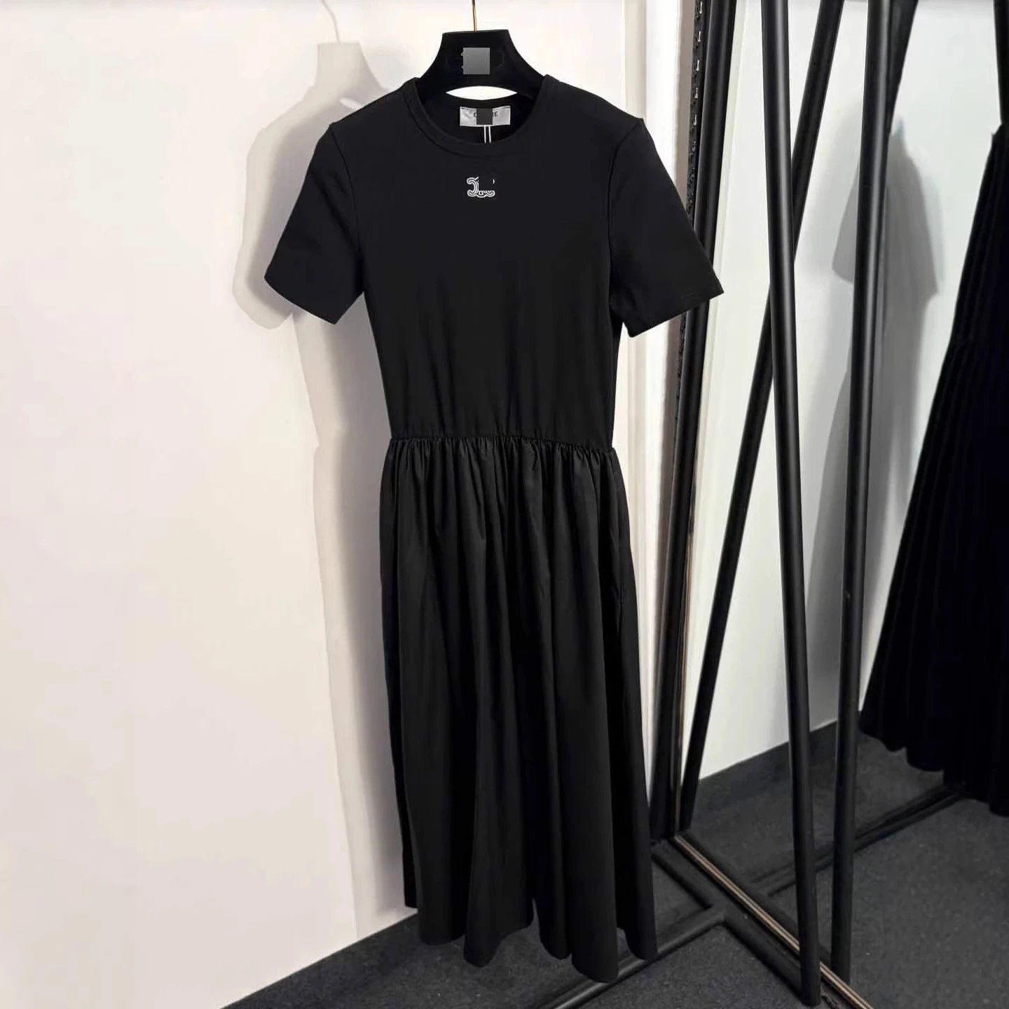 Celine Dresses Short-Sleeve Elastic-Waist Maxi Dress with Embroidered Chest Logo image 3