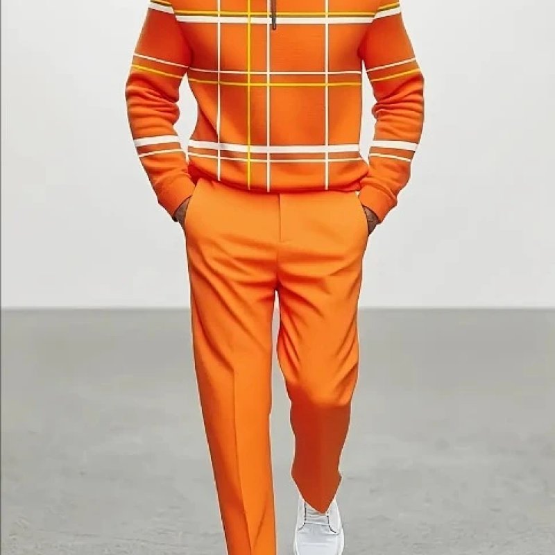 Grid-Print Half-Zip Sweater and Tailored Pants Set Orange