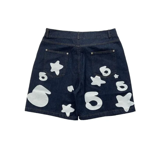 Design Denim Shorts with Silver Numeric and Star Print - 10