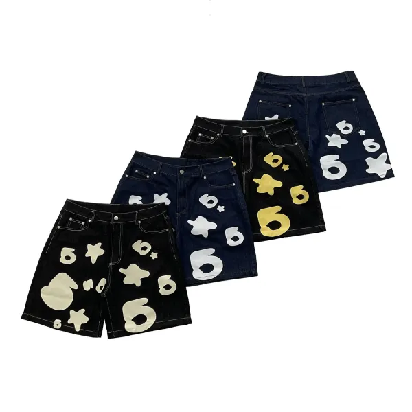 Design Denim Shorts with Silver Numeric and Star Print - 4