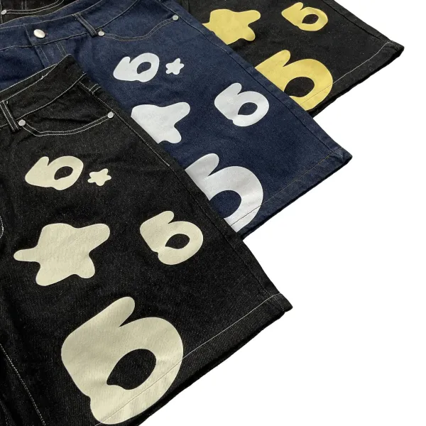 Design Denim Shorts with Silver Numeric and Star Print - 13
