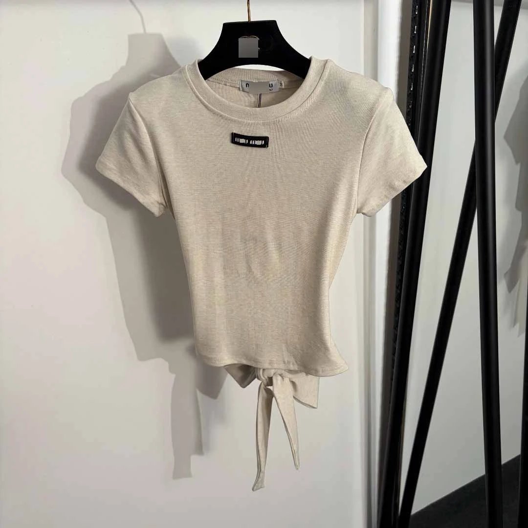 Design Knotted Hem T-Shirt and Drawstring Waist Pants Set Beige - 4
