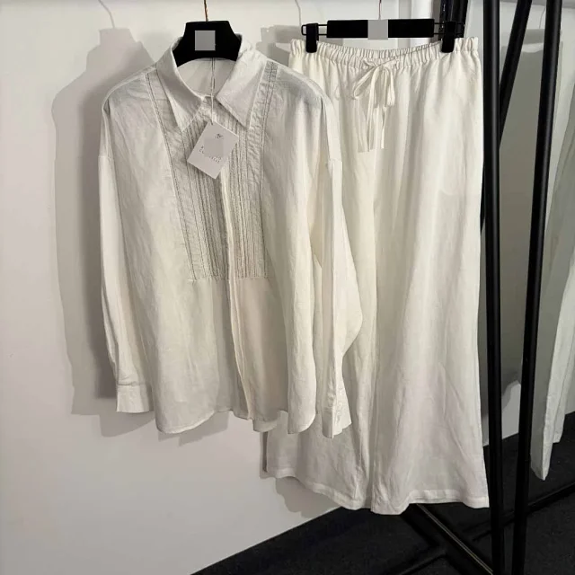 Unbranded Matching Sets Long-Sleeve Collared Shirt and Drawstring Wide-Leg Trousers Set with Beaded Front Panel product detail image 2